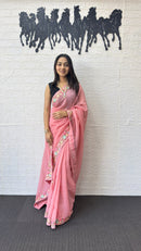 Blush Pink Linen Silk Saree with Floral Embroidered Border