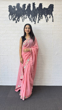 Blush Pink Linen Silk Saree with Floral Embroidered Border