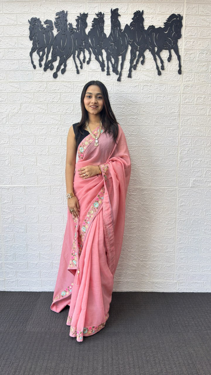Blush Pink Linen Silk Saree with Floral Embroidered Border