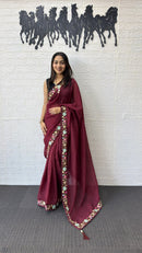 Wine Maroon Linen Silk Saree with Floral Embroidered Border