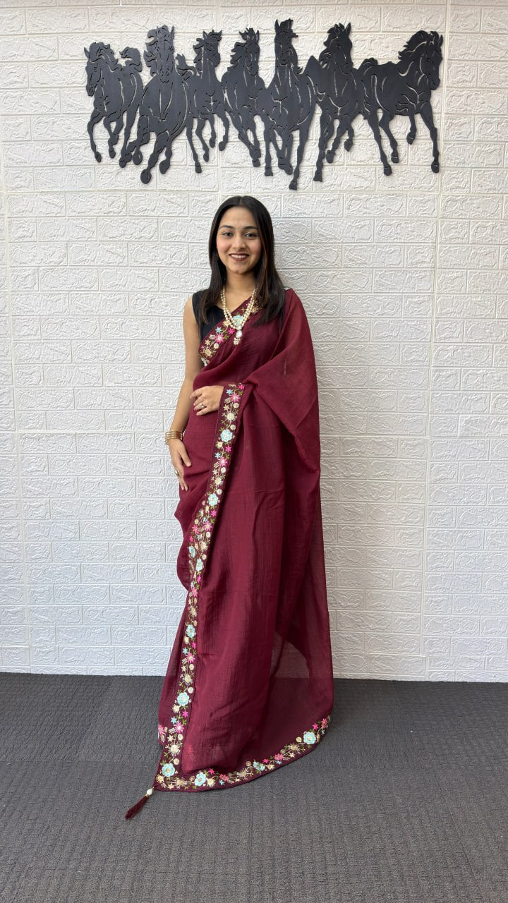 Wine Maroon Linen Silk Saree with Floral Embroidered Border