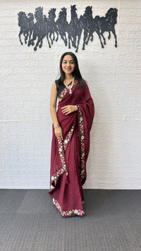 Wine Maroon Linen Silk Saree with Floral Embroidered Border