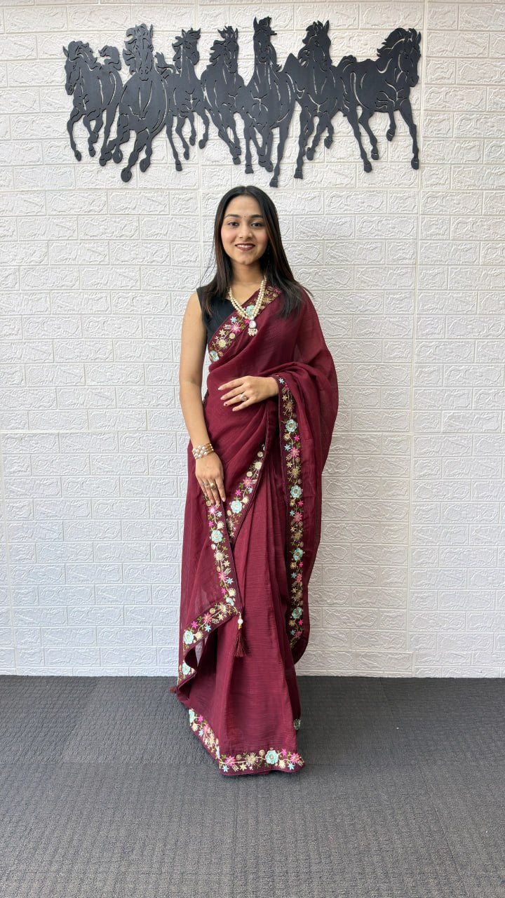 Wine Maroon Linen Silk Saree with Floral Embroidered Border