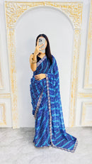 Royal Blue Leheriya Print Saree with Elegant Embroidered Lace Border