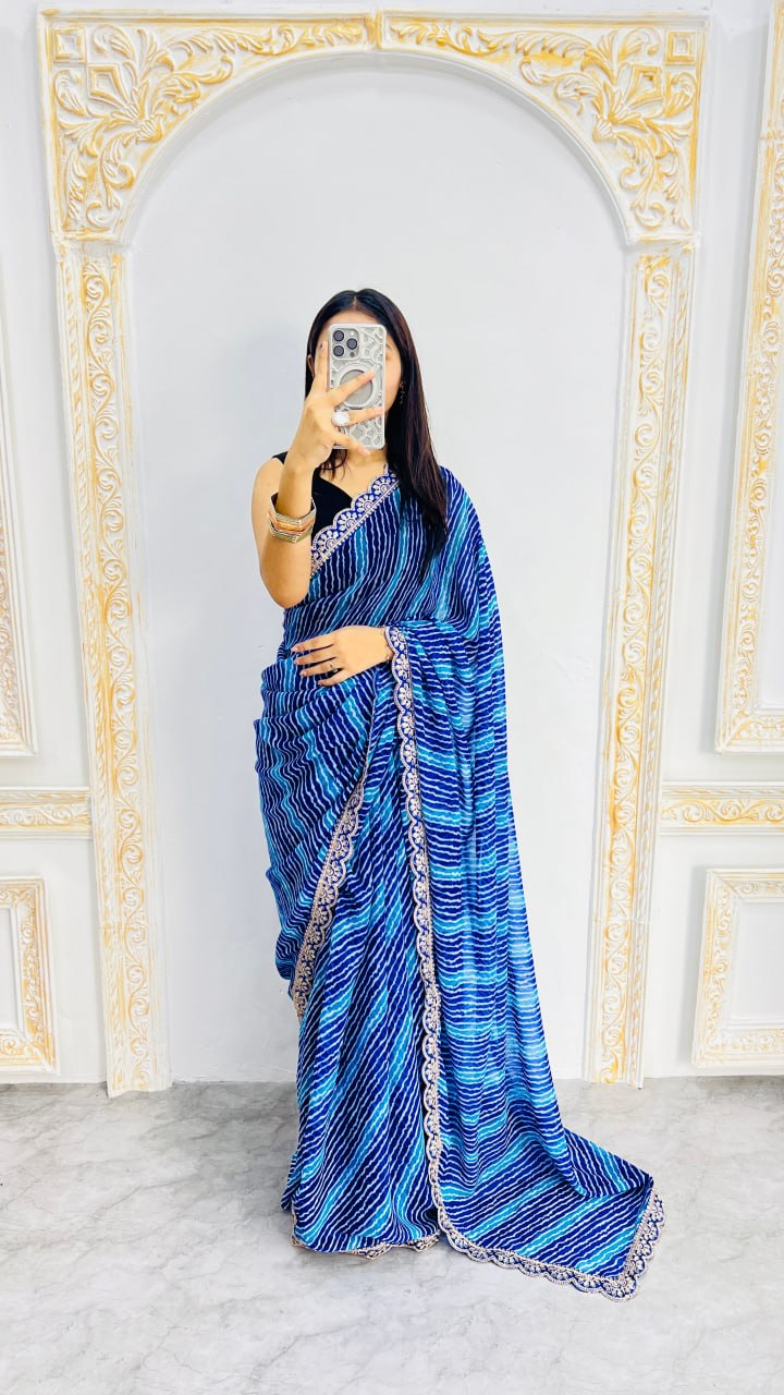 Royal Blue Leheriya Print Saree with Elegant Embroidered Lace Border