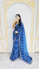Royal Blue Leheriya Print Saree with Elegant Embroidered Lace Border