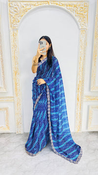 Royal Blue Leheriya Print Saree with Elegant Embroidered Lace Border