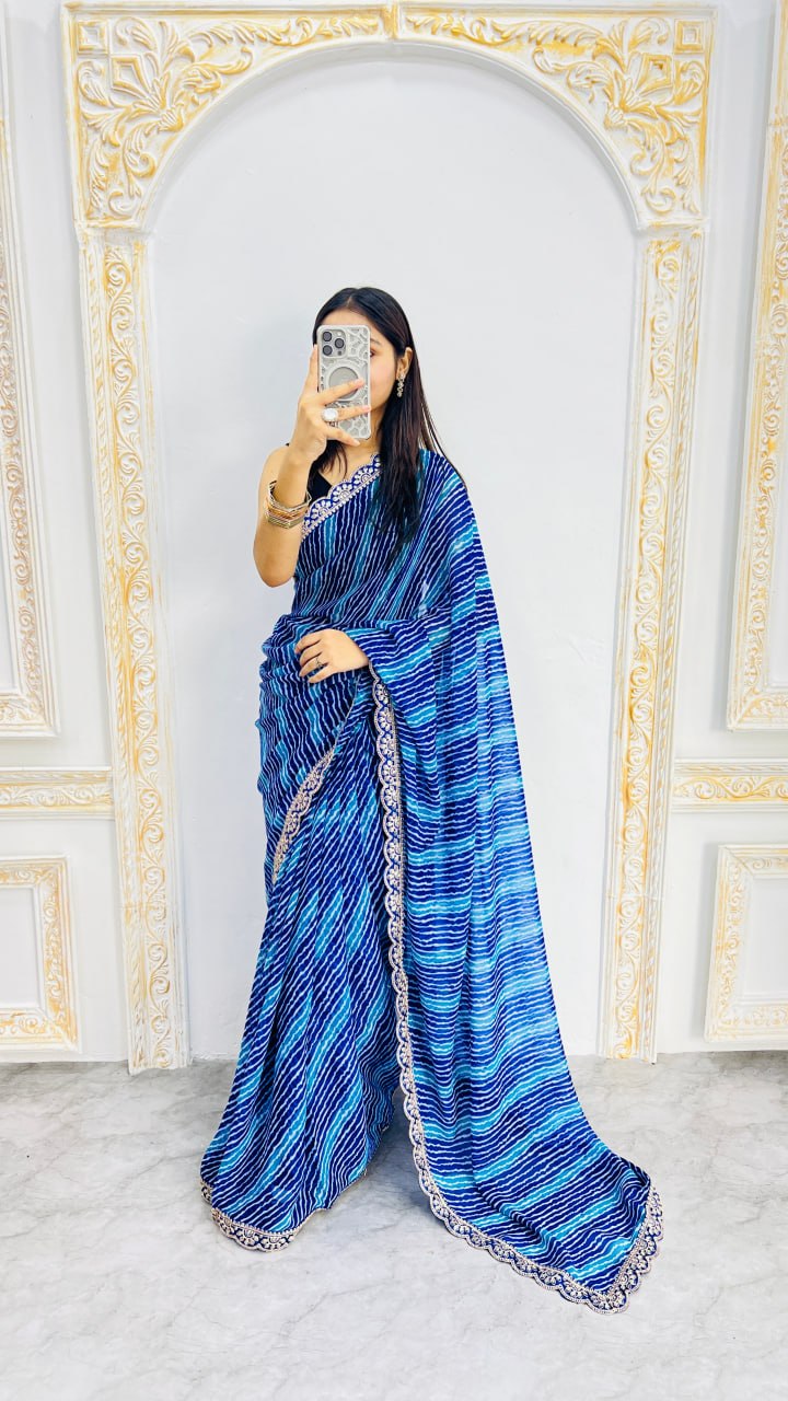 Royal Blue Leheriya Print Saree with Elegant Embroidered Lace Border