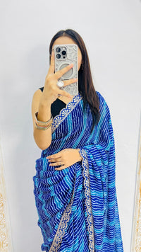 Royal Blue Leheriya Print Saree with Elegant Embroidered Lace Border
