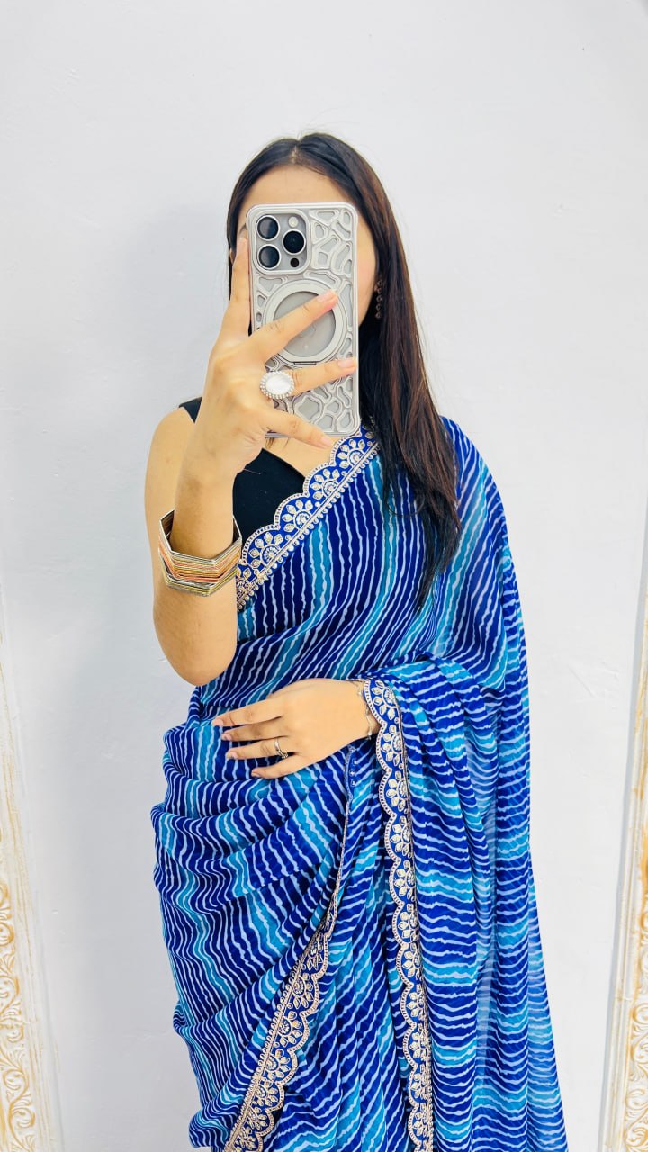 Royal Blue Leheriya Print Saree with Elegant Embroidered Lace Border