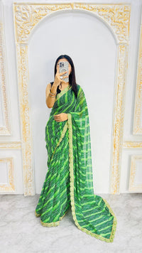 Lime Green Leheriya Print Saree with Elegant Lace Border
