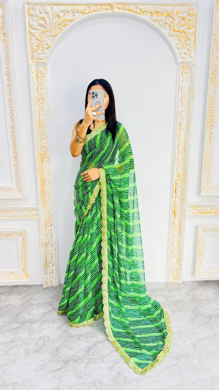 Lime Green Leheriya Print Saree with Elegant Lace Border