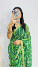 Lime Green Leheriya Print Saree with Elegant Lace Border