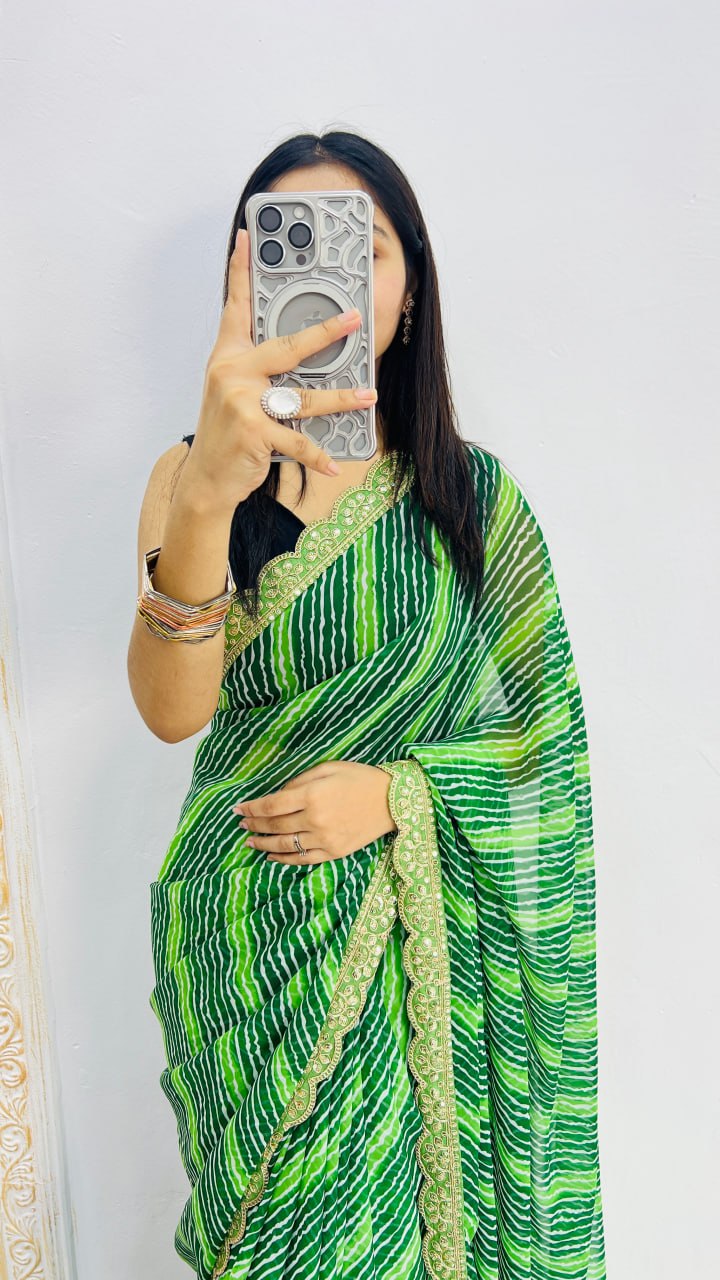 Lime Green Leheriya Print Saree with Elegant Lace Border