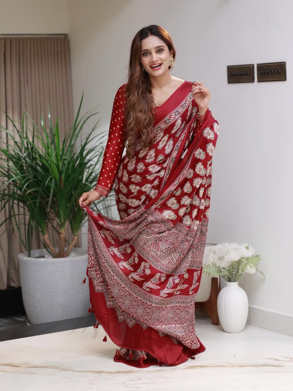 Royal Maroon Soft Silk Saree with Traditional Floral Print & Designer Ethnic Pallu