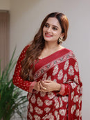 Royal Maroon Soft Silk Saree with Traditional Floral Print & Designer Ethnic Pallu