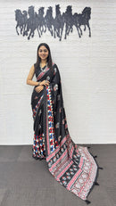 Elegant Black Soft Silk Saree with Geometric Border & Artistic Ethnic Print