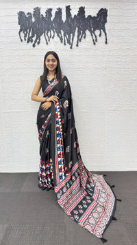 Elegant Black Soft Silk Saree with Geometric Border & Artistic Ethnic Print
