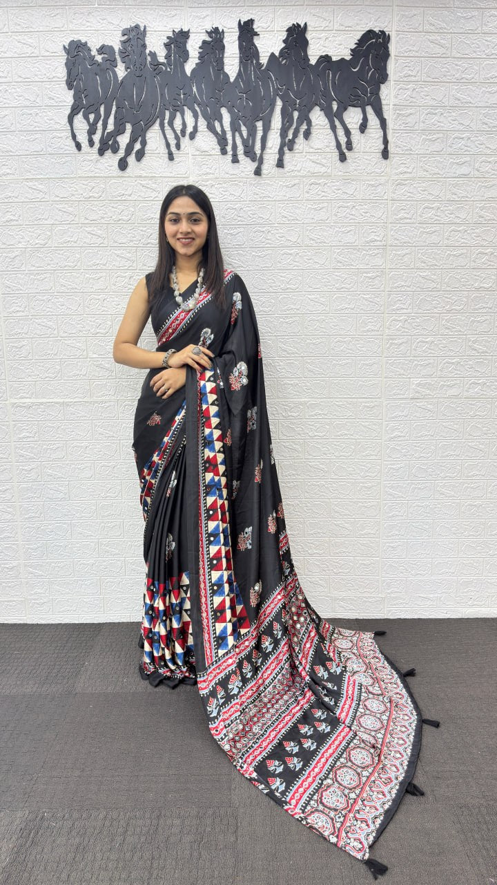 Elegant Black Soft Silk Saree with Geometric Border & Artistic Ethnic Print