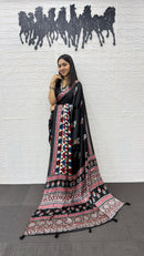 Elegant Black Soft Silk Saree with Geometric Border & Artistic Ethnic Print