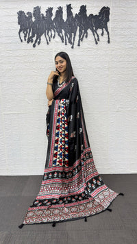 Elegant Black Soft Silk Saree with Geometric Border & Artistic Ethnic Print