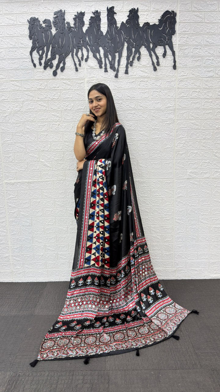 Elegant Black Soft Silk Saree with Geometric Border & Artistic Ethnic Print