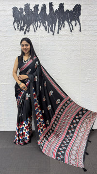 Elegant Black Soft Silk Saree with Geometric Border & Artistic Ethnic Print