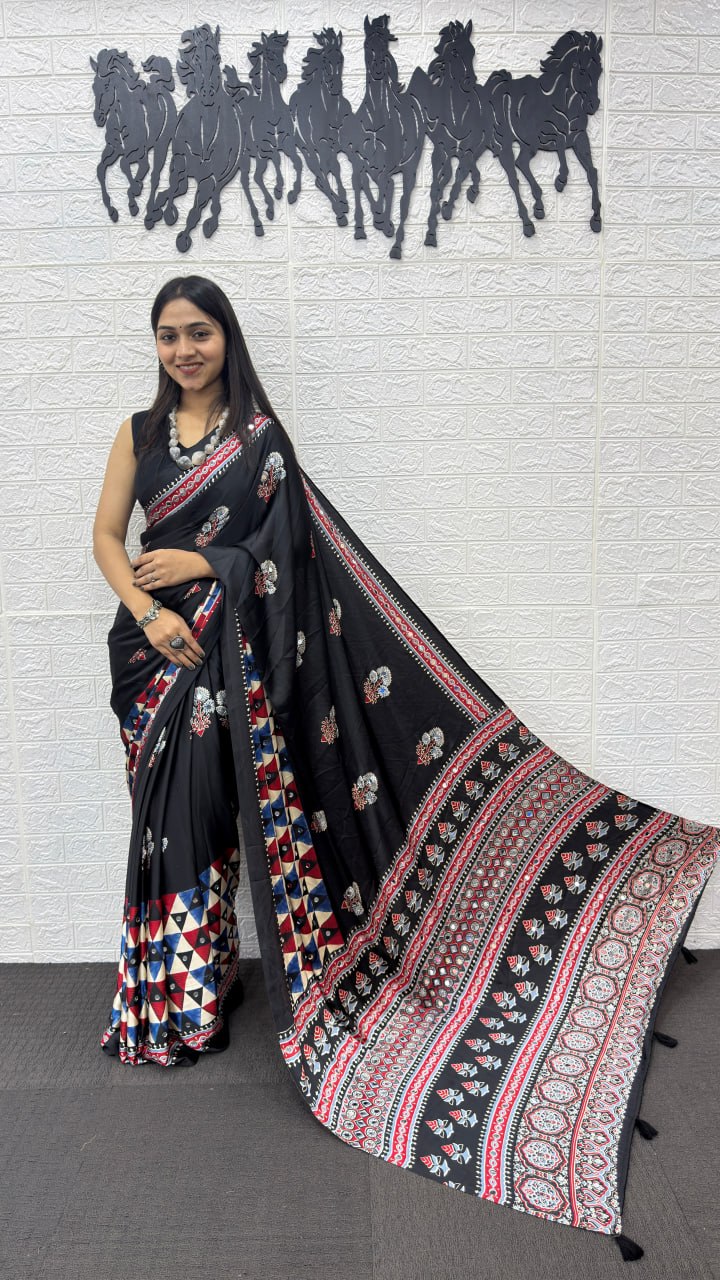 Elegant Black Soft Silk Saree with Geometric Border & Artistic Ethnic Print
