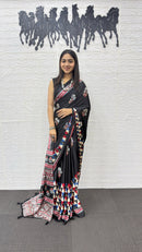 Elegant Black Soft Silk Saree with Geometric Border & Artistic Ethnic Print