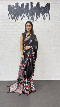 Elegant Black Soft Silk Saree with Geometric Border & Artistic Ethnic Print