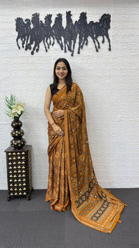 Mustard Orange Soft Silk Saree with Ajrakh Inspired Traditional Print & Ethnic Designer Pallu