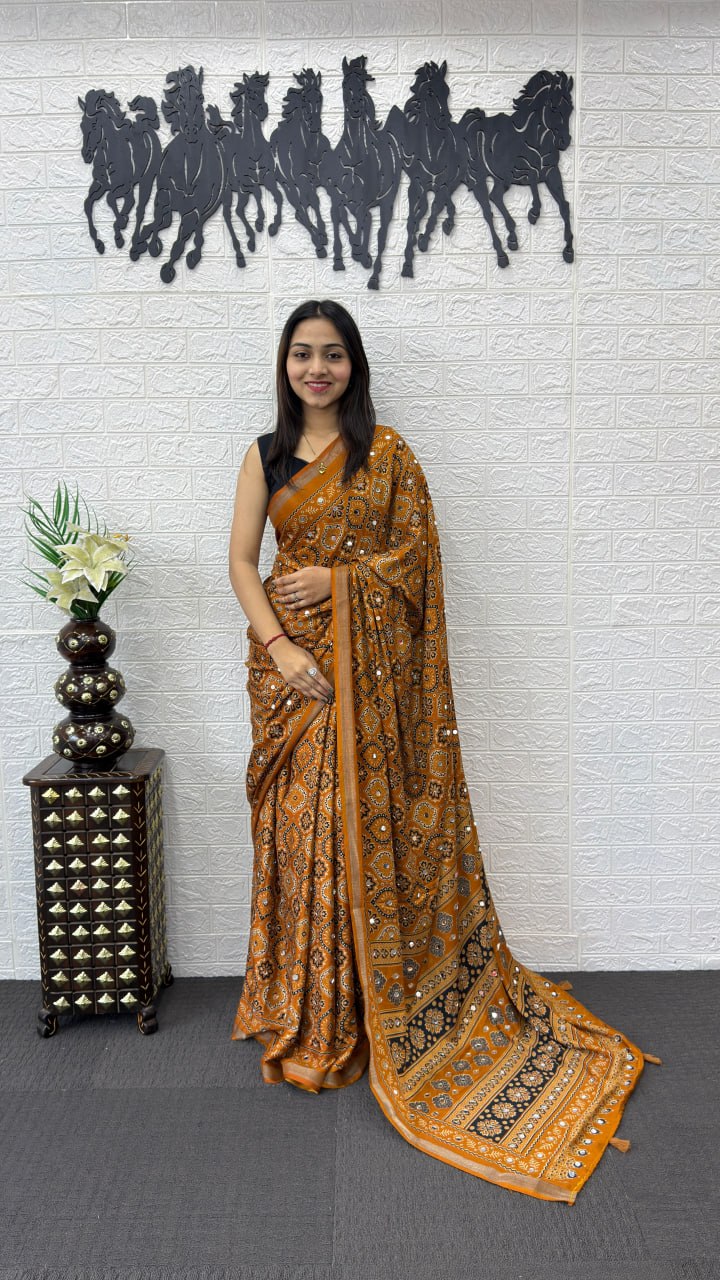 Mustard Orange Soft Silk Saree with Ajrakh Inspired Traditional Print & Ethnic Designer Pallu