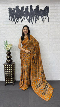 Mustard Orange Soft Silk Saree with Ajrakh Inspired Traditional Print & Ethnic Designer Pallu