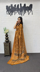Mustard Orange Soft Silk Saree with Ajrakh Inspired Traditional Print & Ethnic Designer Pallu