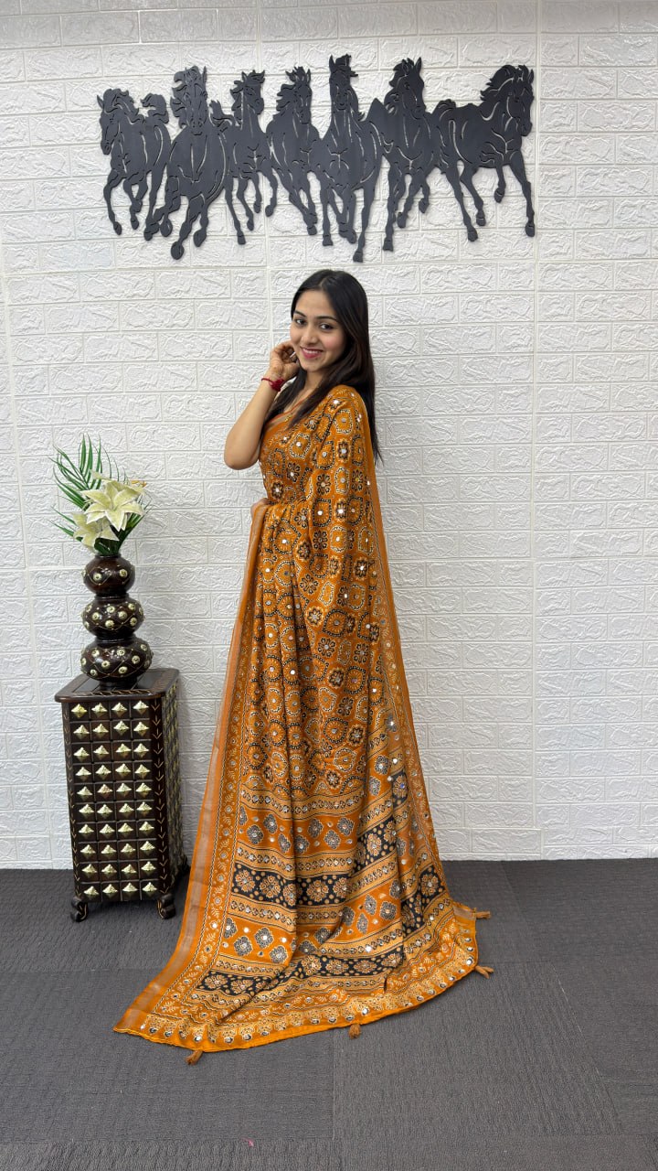 Mustard Orange Soft Silk Saree with Ajrakh Inspired Traditional Print & Ethnic Designer Pallu