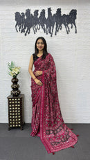 Rani Pink Soft Silk Saree with Ajrakh Inspired Traditional Print & Designer Ethnic Pallu
