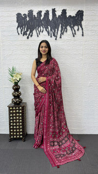Rani Pink Soft Silk Saree with Ajrakh Inspired Traditional Print & Designer Ethnic Pallu