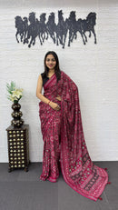 Rani Pink Soft Silk Saree with Ajrakh Inspired Traditional Print & Designer Ethnic Pallu
