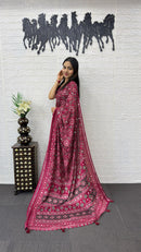 Rani Pink Soft Silk Saree with Ajrakh Inspired Traditional Print & Designer Ethnic Pallu