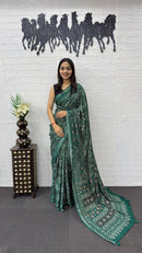 Emerald Green Soft Silk Saree with Ajrakh Inspired Traditional Print & Ethnic Designer Pallu