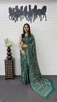 Emerald Green Soft Silk Saree with Ajrakh Inspired Traditional Print & Ethnic Designer Pallu