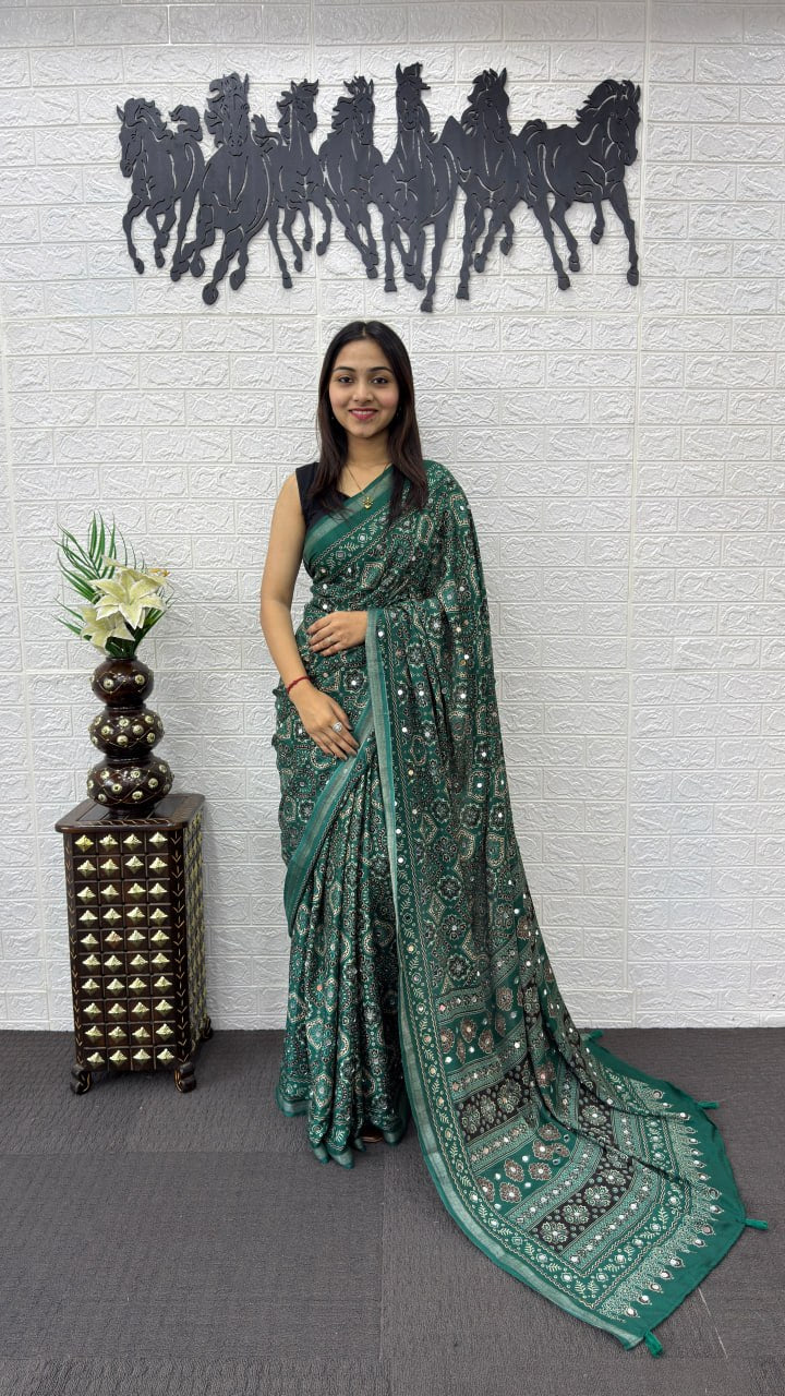 Emerald Green Soft Silk Saree with Ajrakh Inspired Traditional Print & Ethnic Designer Pallu