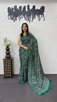 Emerald Green Soft Silk Saree with Ajrakh Inspired Traditional Print & Ethnic Designer Pallu