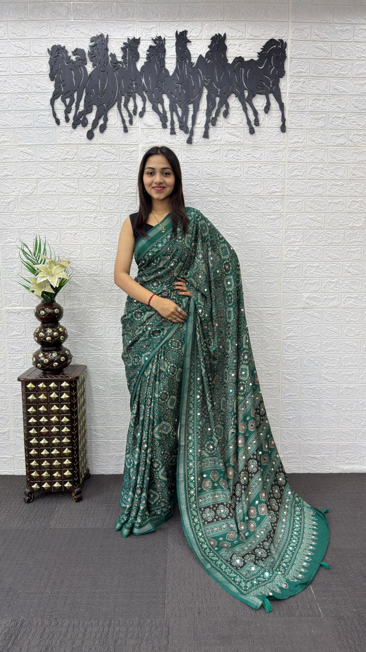 Emerald Green Soft Silk Saree with Ajrakh Inspired Traditional Print & Ethnic Designer Pallu