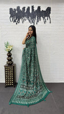 Emerald Green Soft Silk Saree with Ajrakh Inspired Traditional Print & Ethnic Designer Pallu
