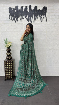 Emerald Green Soft Silk Saree with Ajrakh Inspired Traditional Print & Ethnic Designer Pallu