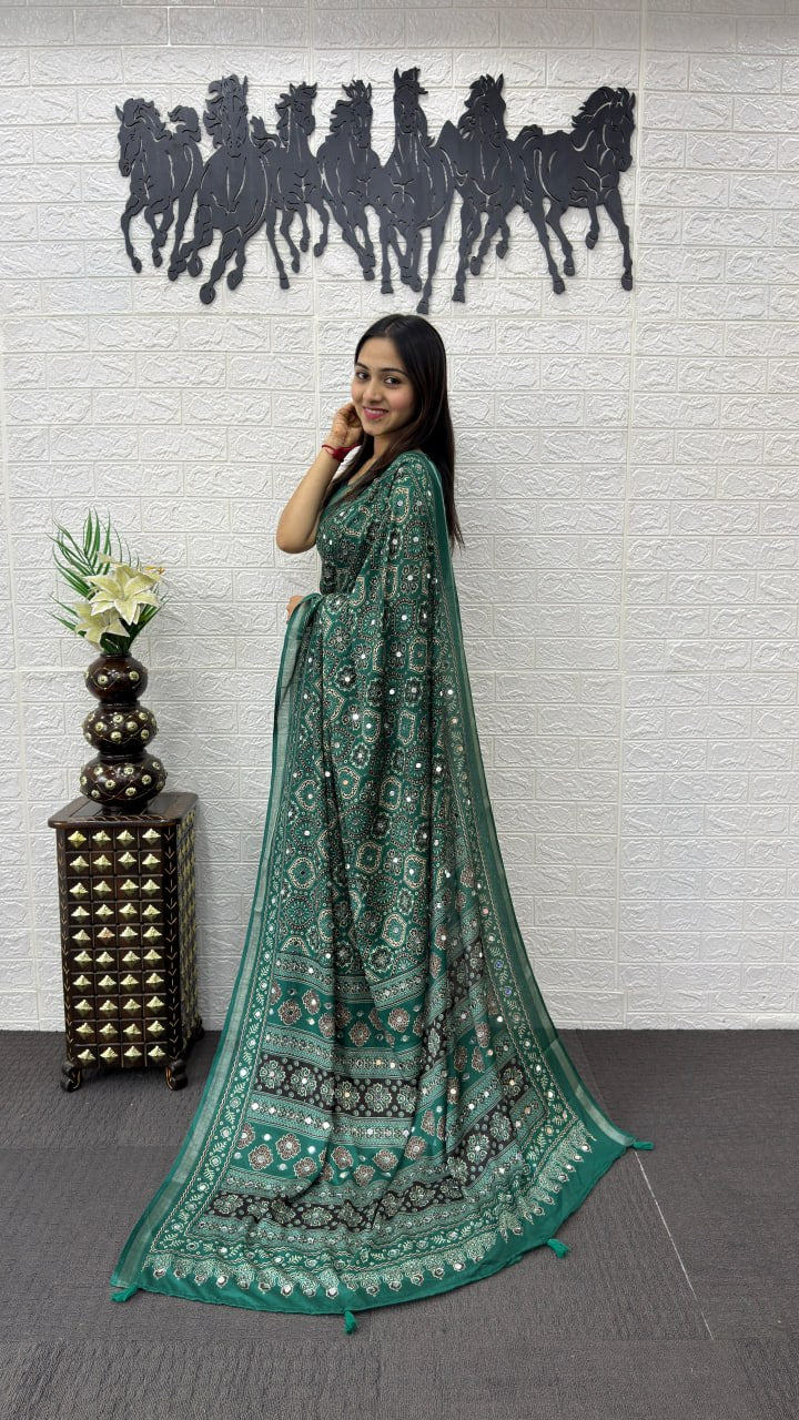Emerald Green Soft Silk Saree with Ajrakh Inspired Traditional Print & Ethnic Designer Pallu
