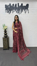 Maroon Soft Silk Saree with Ajrakh Inspired Traditional Print & Designer Ethnic Pallu