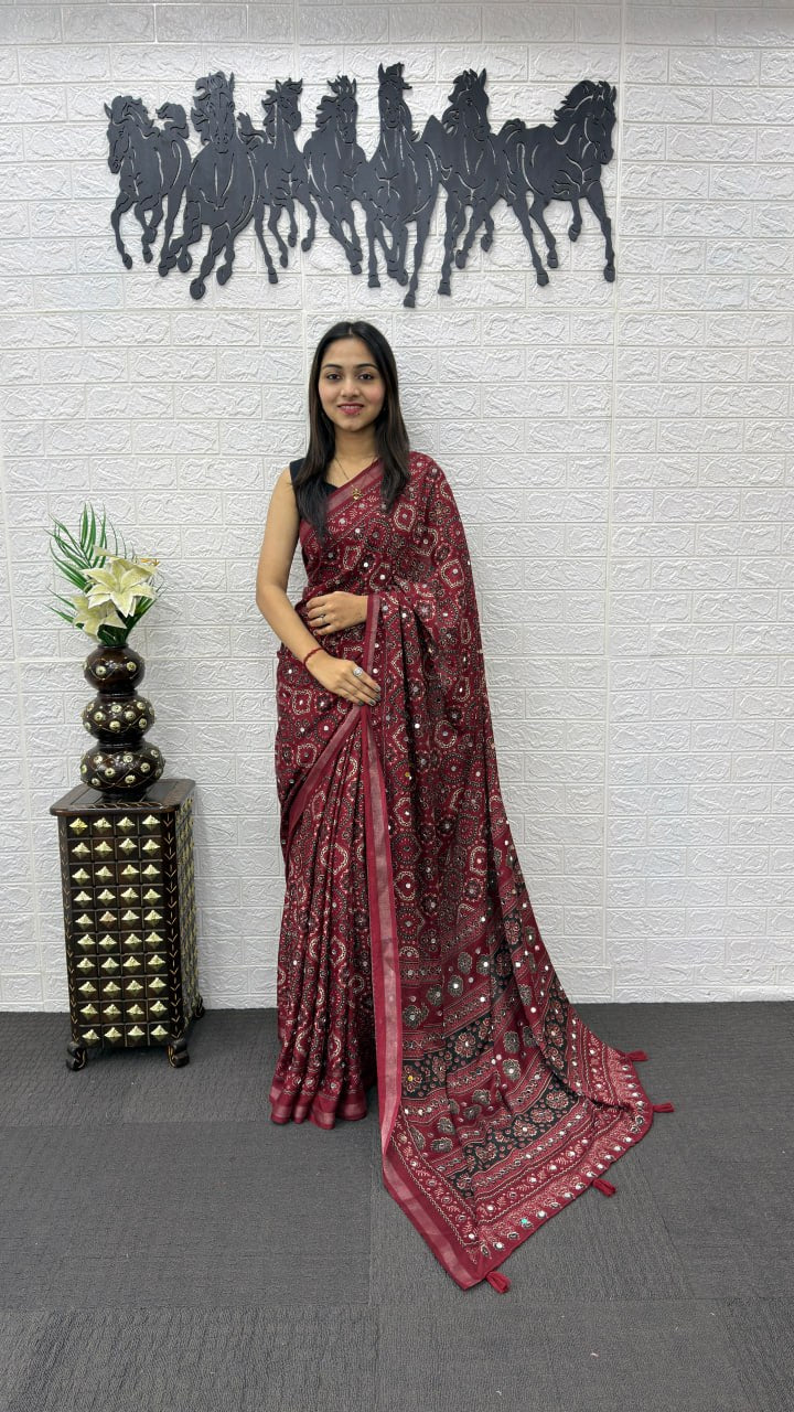 Maroon Soft Silk Saree with Ajrakh Inspired Traditional Print & Designer Ethnic Pallu