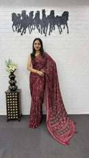 Maroon Soft Silk Saree with Ajrakh Inspired Traditional Print & Designer Ethnic Pallu